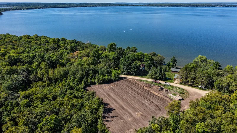 Aerial view of a lakeshore lot graded by Shepard Excavating in northern Minnesota